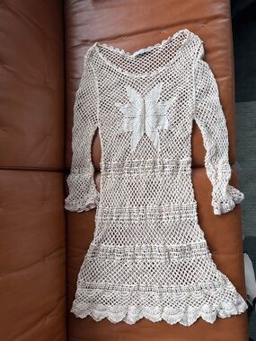 Boho Crochet Long-Sleeve Dress in Ivory